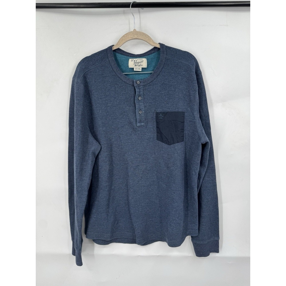 Original Penguin‎ Quarter Button Long Sleeve Henley Top Men XL Navy Blue Casual